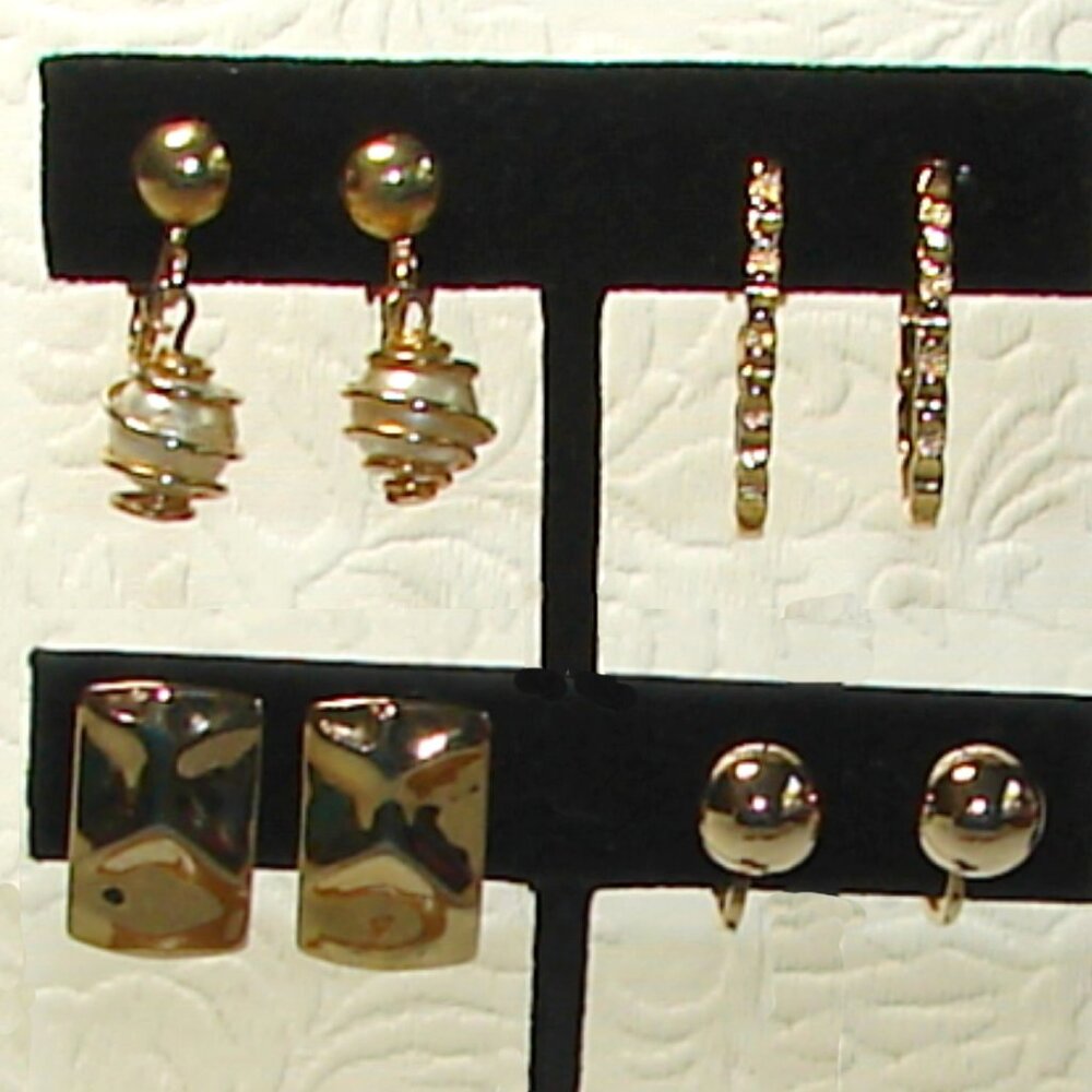 Vtg Gold Tone Clip-On EARRINGS Lot x 4 Pair: Hoops, Caged Pearl, Ball  G6